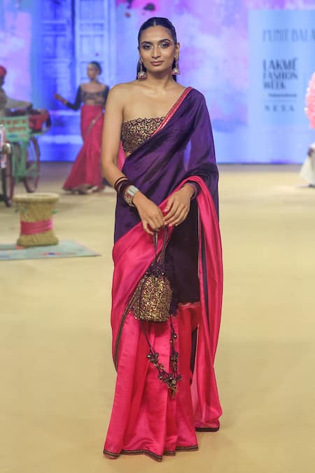 Buy_Punit Balana_Pink Organza, Silk Embroidery One Shoulder Coin Color Block Saree With Blouse _Online_at_Aza_Fashions