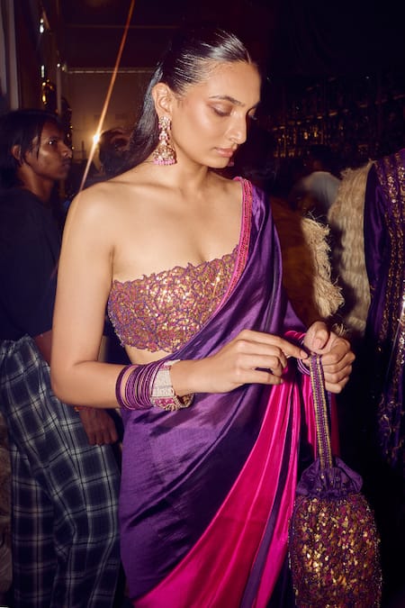 Punit Balana_Pink Organza, Silk Embroidery One Shoulder Coin Color Block Saree With Blouse _at_Aza_Fashions