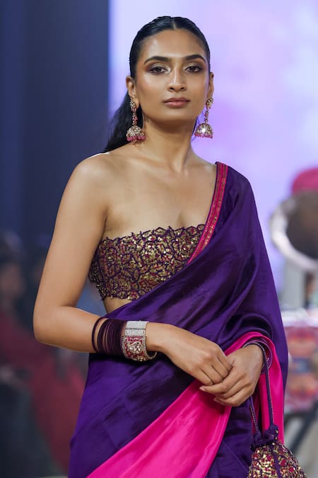 Buy_Punit Balana_Pink Organza, Silk Embroidery One Shoulder Coin Color Block Saree With Blouse 