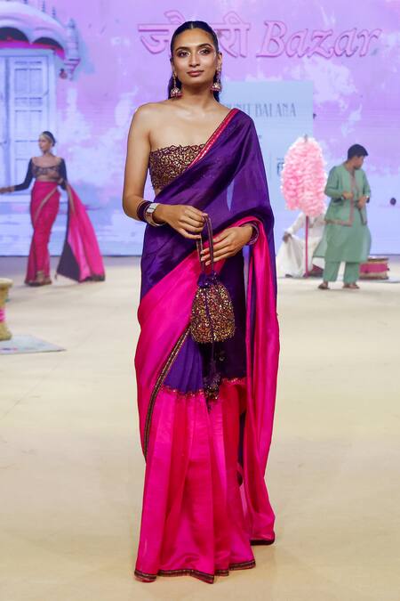 Shop_Punit Balana_Pink Organza, Silk Embroidery One Shoulder Coin Color Block Saree With Blouse 