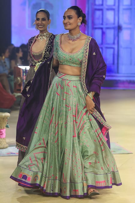 Buy_Punit Balana_Green Chanderi Silk Embroidery Scoop Neck Bandhani Print Lehenga Set _Online_at_Aza_Fashions