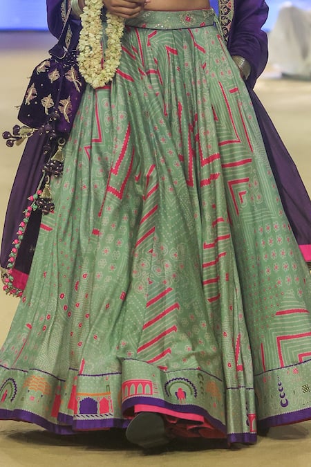 Shop_Punit Balana_Green Chanderi Silk Embroidery Scoop Neck Bandhani Print Lehenga Set _Online_at_Aza_Fashions