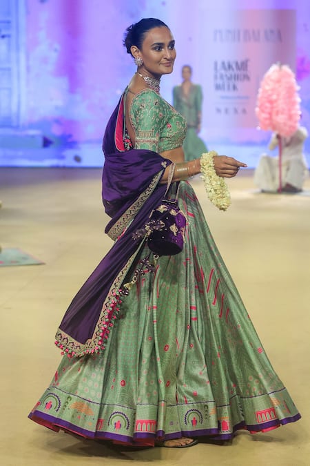 Punit Balana_Green Chanderi Silk Embroidery Scoop Neck Bandhani Print Lehenga Set _at_Aza_Fashions