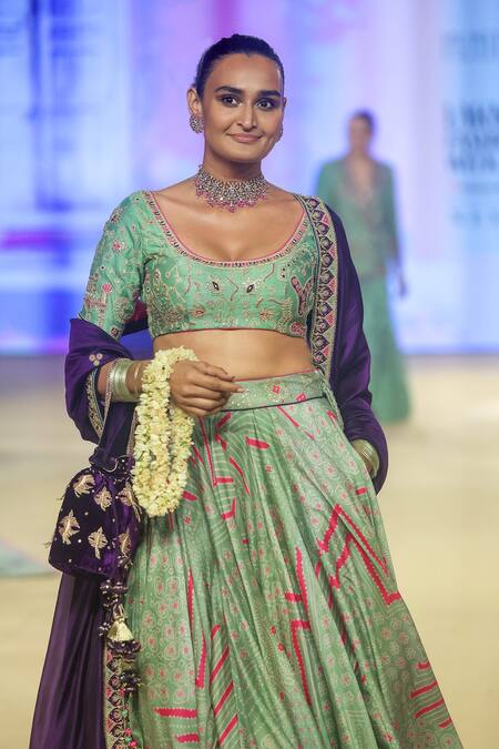 Buy_Punit Balana_Green Chanderi Silk Embroidery Scoop Neck Bandhani Print Lehenga Set 