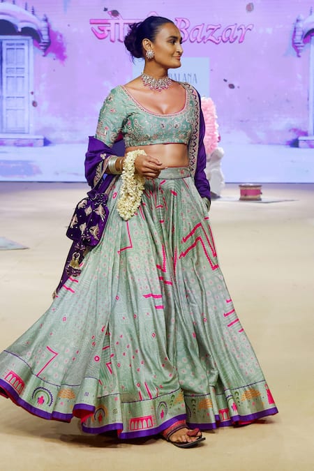 Shop_Punit Balana_Green Chanderi Silk Embroidery Scoop Neck Bandhani Print Lehenga Set 