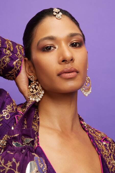 Punit Balana_Purple Silk Embroidery Plunge , Open Floral Foil Jacket Pant Set _Online_at_Aza_Fashions