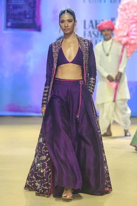 PUNIT BALANA Purple Raw Silk Embroidered Floral Bralette Plunge V Foil Jacket Pant Set 