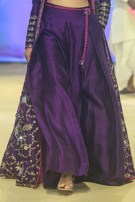 Buy_Punit Balana_Purple Silk Embroidery Plunge , Open Floral Foil Jacket Pant Set _Online_at_Aza_Fashions