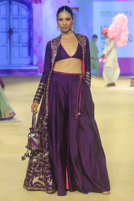 Shop_Punit Balana_Purple Silk Embroidery Plunge , Open Floral Foil Jacket Pant Set _Online_at_Aza_Fashions