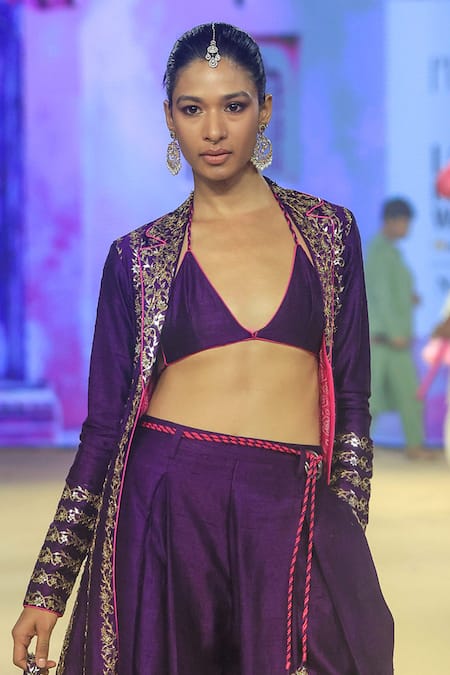 Punit Balana_Purple Silk Embroidery Plunge , Open Floral Foil Jacket Pant Set _at_Aza_Fashions
