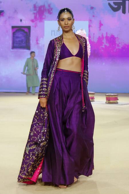 Buy_Punit Balana_Purple Silk Embroidery Plunge , Open Floral Foil Jacket Pant Set 