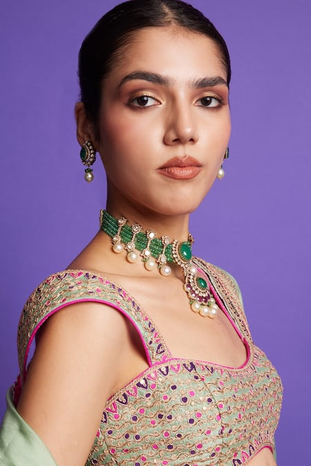 Punit Balana Green Organza, Silk Embroidery, Diamonds Sweetheart Dori Lehenga Blouse Set Online at Aza Fashions Punit Balana_Green Organza, Silk Embroidery, Diamonds Sweetheart Dori Lehenga Blouse Set _Online_at_Aza_Fashions