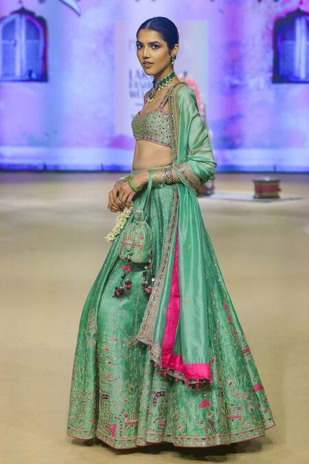 Shop_Punit Balana_Green Organza, Silk Embroidery, Diamonds Sweetheart Dori Lehenga Blouse Set 