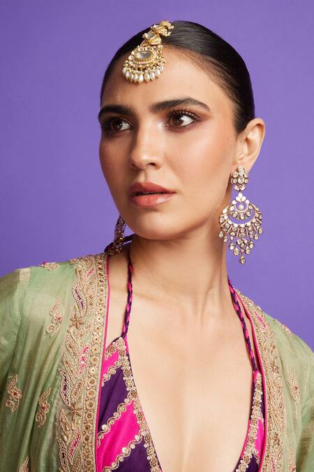 Buy_Punit Balana_Green Silk, Tissue Embroidery Plunge Neck Marodi Waist Lehenga Set With Cape _Online_at_Aza_Fashions