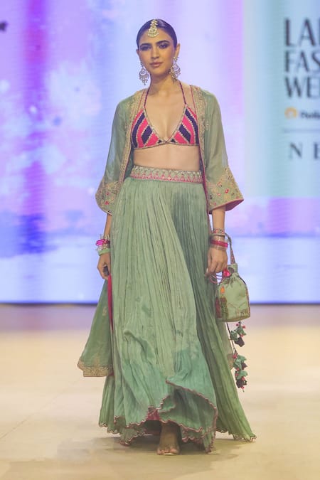 PUNIT BALANA Green Lehenga And Cape Metallic Tissue Embroidered Marodi Waist Set With 