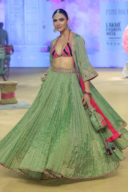 Punit Balana_Green Silk, Tissue Embroidery Plunge Neck Marodi Waist Lehenga Set With Cape _at_Aza_Fashions