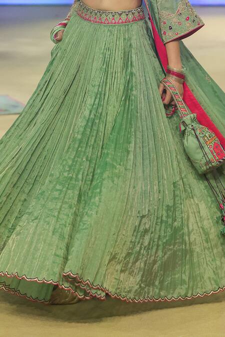 Buy_Punit Balana_Green Silk, Tissue Embroidery Plunge Neck Marodi Waist Lehenga Set With Cape 
