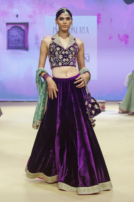 PUNIT BALANA Purple Lehenga And Blouse Velvet Embroidered Marodi Lace Detailed Hem Set 