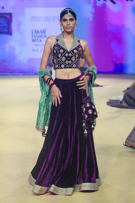 Shop Punit Balana Purple Velvet, Organza Lace, Embroidery Collared Detailed Hem Lehenga Blouse Set Online at Aza Fashions Shop_Punit Balana_Purple Velvet, Organza Lace, Embroidery Collared Detailed Hem Lehenga Blouse Set _Online_at_Aza_Fashions