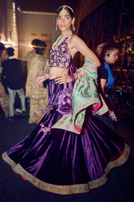 Punit Balana Purple Velvet, Organza Lace, Embroidery Collared Detailed Hem Lehenga Blouse Set at Aza Fashions Punit Balana_Purple Velvet, Organza Lace, Embroidery Collared Detailed Hem Lehenga Blouse Set _at_Aza_Fashions