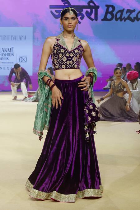 Shop Punit Balana Purple Velvet, Organza Lace, Embroidery Collared Detailed Hem Lehenga Blouse Set Shop_Punit Balana_Purple Velvet, Organza Lace, Embroidery Collared Detailed Hem Lehenga Blouse Set