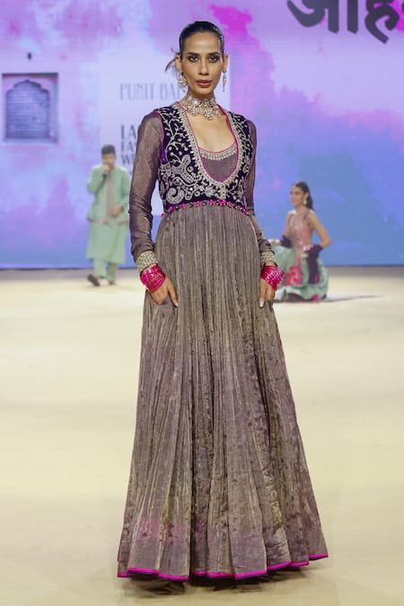 Shop Punit Balana Purple Tissue, Velvet Embroidery Round Neck, Sleeve Hem Anarkali With Jacket at Aza Fashions Shop_Punit Balana_Purple Tissue, Velvet Embroidery Round Neck, Sleeve Hem Anarkali With Jacket _at_Aza_Fashions