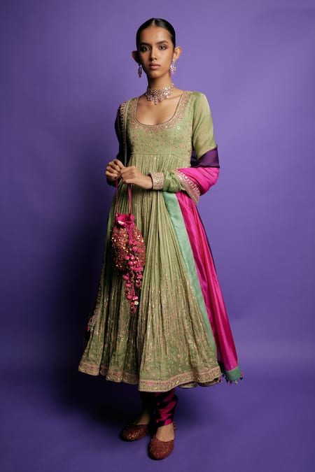 Punit Balana Green Lycra, Organza, Silk, Tissue Embroidery, Sequins Marodi Anarkali Set Online at Aza Fashions Punit Balana_Green Lycra, Organza, Silk, Tissue Embroidery, Sequins Marodi Anarkali Set _Online_at_Aza_Fashions