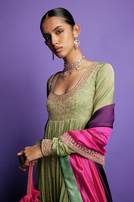 Shop Punit Balana Green Lycra, Organza, Silk, Tissue Embroidery, Sequins Marodi Anarkali Set Online at Aza Fashions Shop_Punit Balana_Green Lycra, Organza, Silk, Tissue Embroidery, Sequins Marodi Anarkali Set _Online_at_Aza_Fashions
