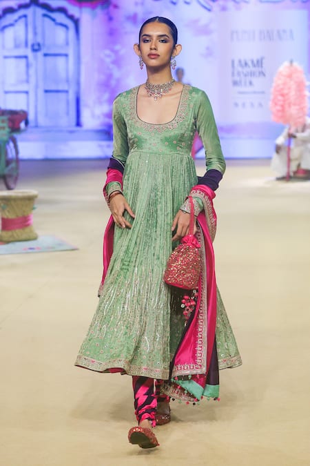 Shop_Punit Balana_Green Lycra, Organza, Silk, Tissue Embroidery, Sequins Marodi Anarkali Set _at_Aza_Fashions