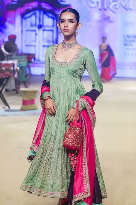 Punit Balana_Green Lycra, Organza, Silk, Tissue Embroidery, Sequins Marodi Anarkali Set _at_Aza_Fashions