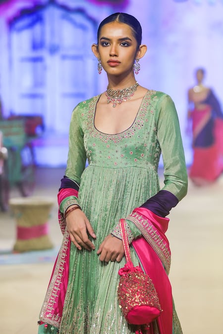 Buy_Punit Balana_Green Lycra, Organza, Silk, Tissue Embroidery, Sequins Marodi Anarkali Set 