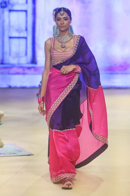 Punit Balana_Purple Silk, Organza Embroidery Scoop Neck Salma Saree With Blouse _Online_at_Aza_Fashions