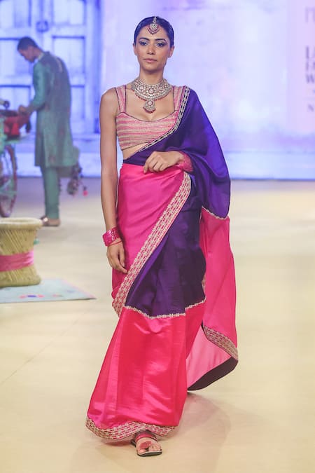 Buy_Punit Balana_Purple Silk, Organza Embroidery Scoop Neck Salma Saree With Blouse _Online_at_Aza_Fashions