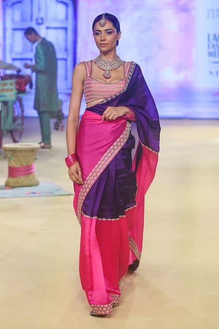 Shop_Punit Balana_Purple Silk, Organza Embroidery Scoop Neck Salma Saree With Blouse _Online_at_Aza_Fashions