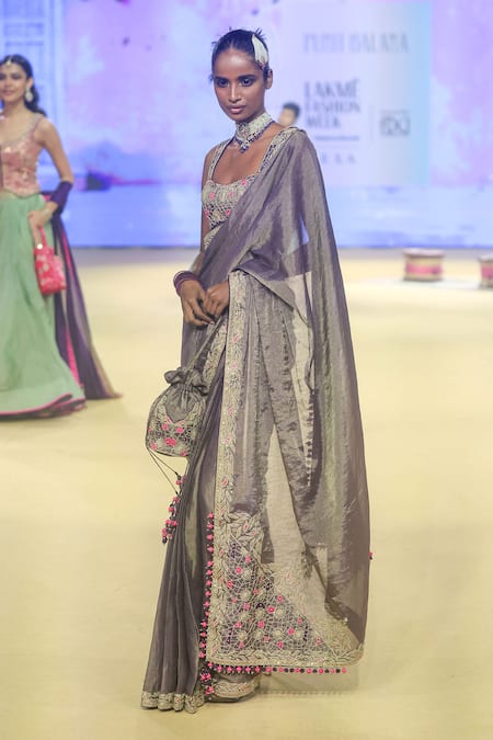 Buy_Punit Balana_Purple Silk, Tissue Tassels, Embroidery Scoop Neck Marodi Saree With Blouse _Online_at_Aza_Fashions