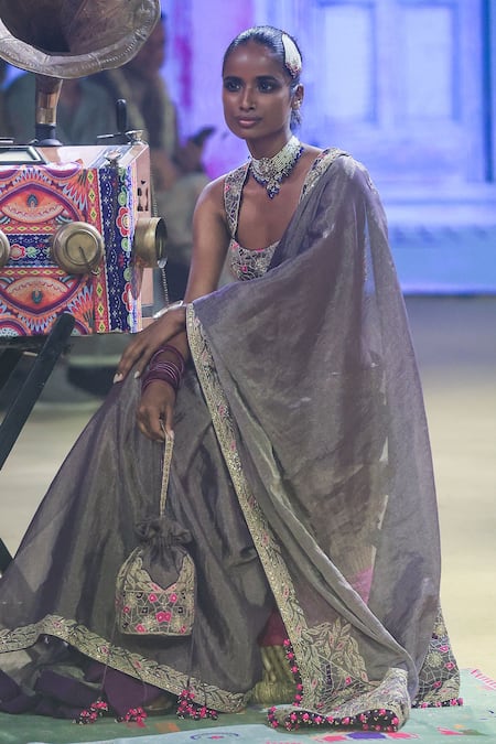 Shop_Punit Balana_Purple Silk, Tissue Tassels, Embroidery Scoop Neck Marodi Saree With Blouse _Online_at_Aza_Fashions