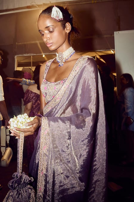 Punit Balana_Purple Silk, Tissue Tassels, Embroidery Scoop Neck Marodi Saree With Blouse _at_Aza_Fashions