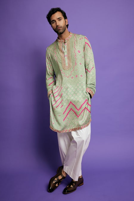 Buy_Punit Balana_Green Satin, Silk, Cotton, Lycra Gurfateh Pirzada Bandhani Kurta With Pant _Online_at_Aza_Fashions
