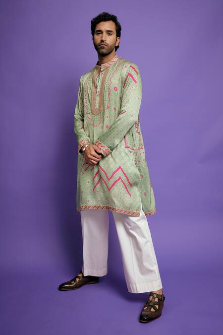 Shop_Punit Balana_Green Satin, Silk, Cotton, Lycra Gurfateh Pirzada Bandhani Kurta With Pant _Online_at_Aza_Fashions