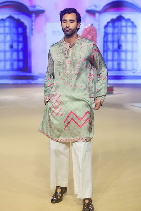 PUNIT BALANA Green Kurta Satin Silk Printed Marodi Gurfateh Pirzada Bandhani With Pant 