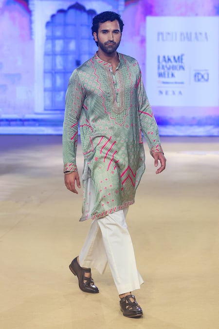 Punit Balana_Green Satin, Silk, Cotton, Lycra Gurfateh Pirzada Bandhani Kurta With Pant _at_Aza_Fashions