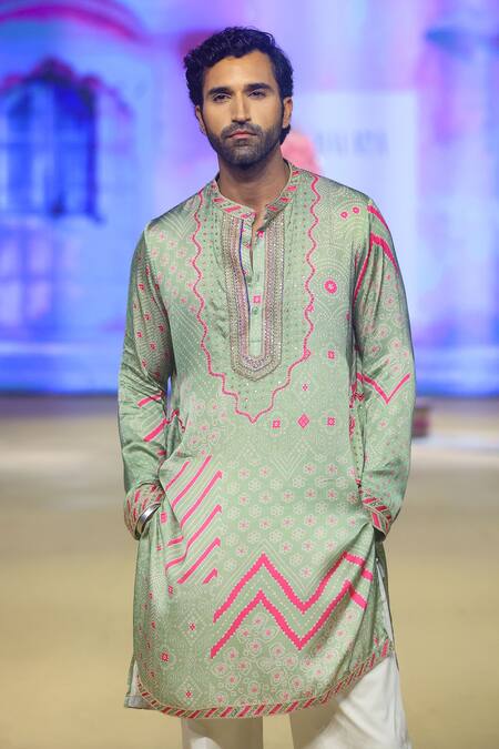 Buy_Punit Balana_Green Satin, Silk, Cotton, Lycra Gurfateh Pirzada Bandhani Kurta With Pant 