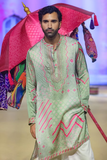 Shop_Punit Balana_Green Satin, Silk, Cotton, Lycra Gurfateh Pirzada Bandhani Kurta With Pant 