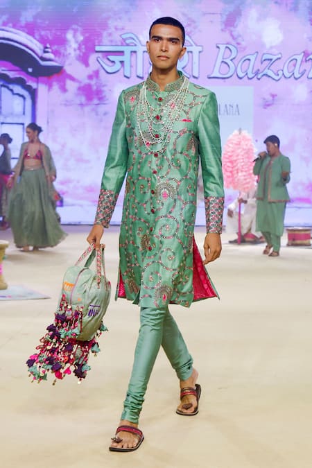 Shop Punit Balana Green Silk, Cotton, Lycra Sequins, Embroidery Swirl Print Achkan Set at Aza Fashions Shop_Punit Balana_Green Silk, Cotton, Lycra Sequins, Embroidery Swirl Print Achkan Set _at_Aza_Fashions