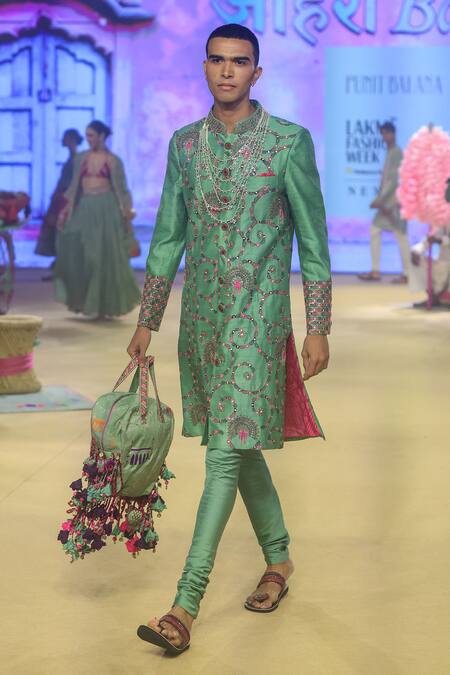 Punit Balana_Green Silk, Cotton, Lycra Sequins, Embroidery Swirl Print Achkan Set _Online_at_Aza_Fashions