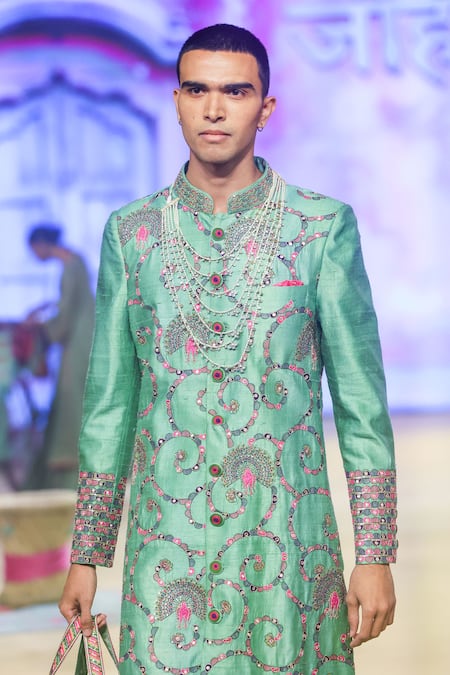 Buy_Punit Balana_Green Silk, Cotton, Lycra Sequins, Embroidery Swirl Print Achkan Set _Online_at_Aza_Fashions