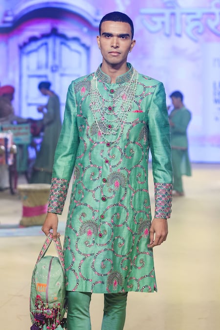 Shop_Punit Balana_Green Silk, Cotton, Lycra Sequins, Embroidery Swirl Print Achkan Set _Online_at_Aza_Fashions