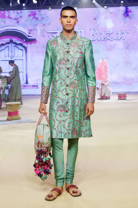 Punit Balana Green Silk, Cotton, Lycra Sequins, Embroidery Swirl Print Achkan Set at Aza Fashions Punit Balana_Green Silk, Cotton, Lycra Sequins, Embroidery Swirl Print Achkan Set _at_Aza_Fashions