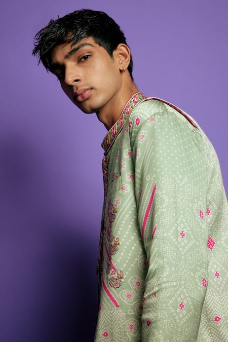 Punit Balana_Green Silk, Satin, Cotton, Lycra Embroidery Bandhani Print Bundi Kurta Set _Online_at_Aza_Fashions