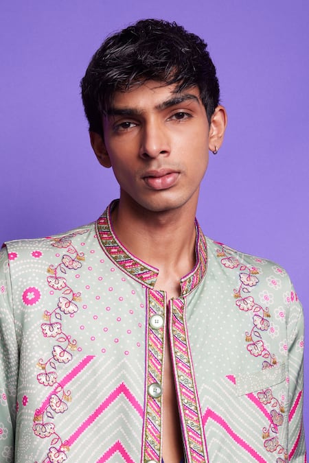 Buy_Punit Balana_Green Silk, Satin, Cotton, Lycra Embroidery Bandhani Print Bundi Kurta Set _Online_at_Aza_Fashions